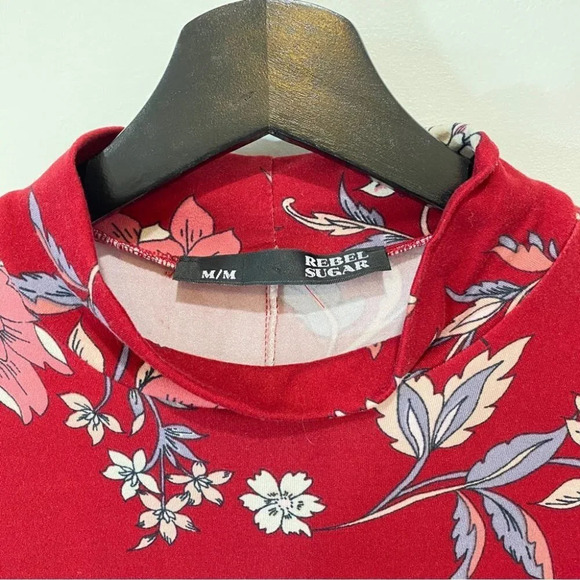 Rebel Sugar M Floral  Mock-Neck Long Sleeve Red Floral Print Dress with flare - Picture 5 of 17